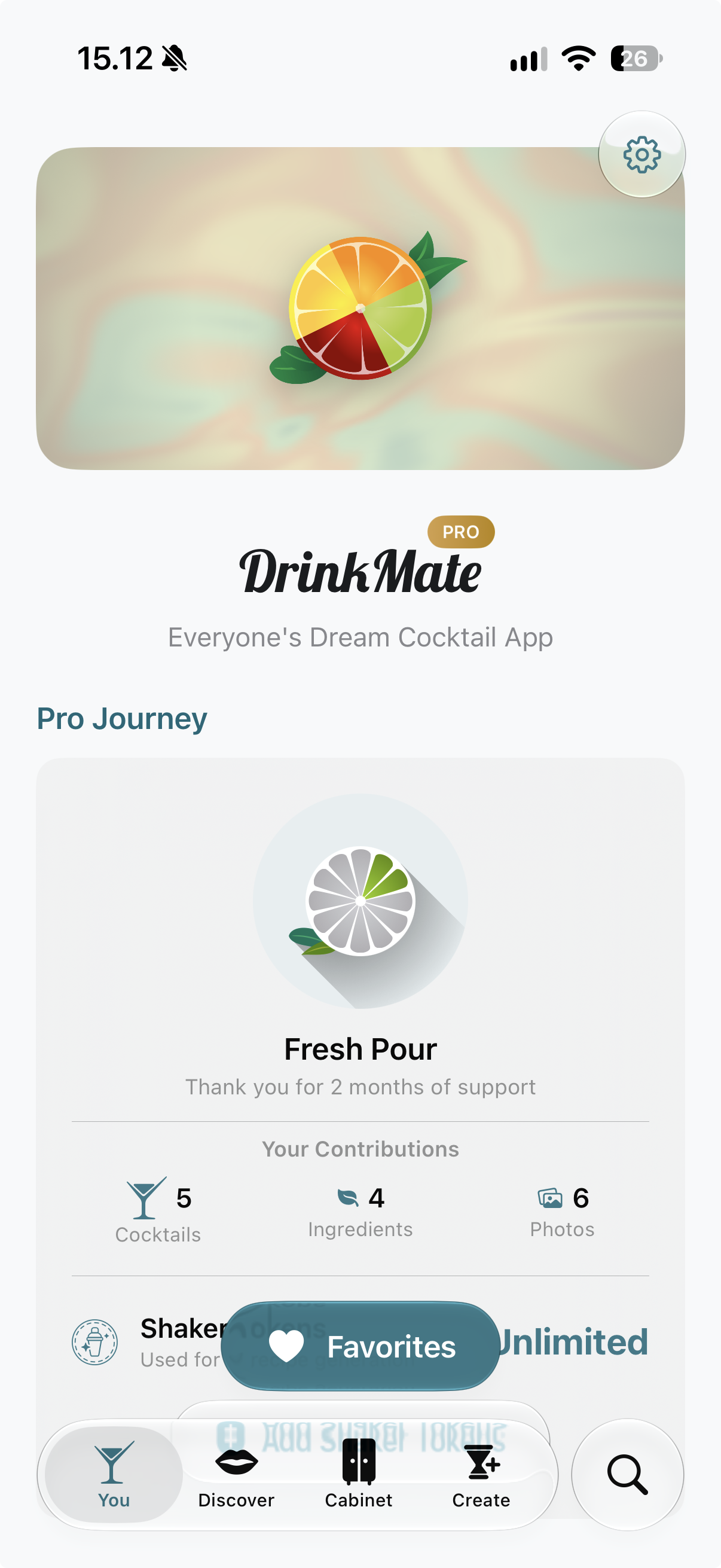 The DrinkMate profile screen showing your Pro journey and contributions