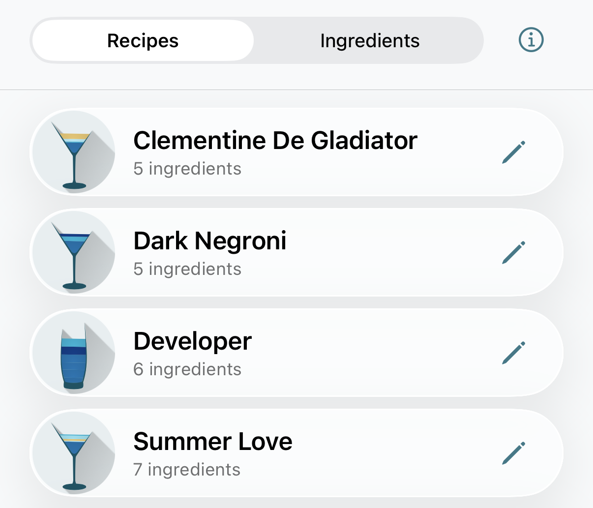 The DrinkMate recipe library showing saved recipes with their glass illustrations